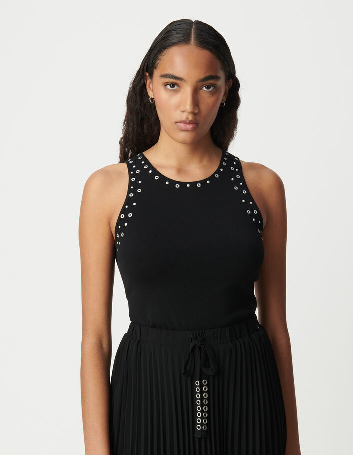 Pull sans manches noir tricot d&eacute;cors &oelig;illets clous Femme