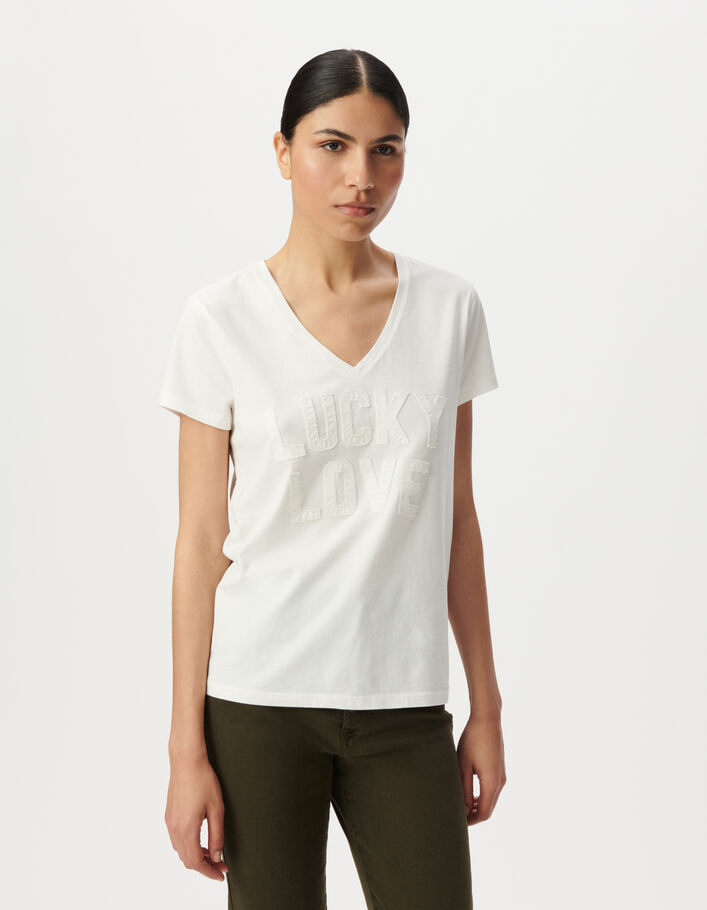 Tee-shirt blanc coton bio message lettres brod&eacute;es Femme