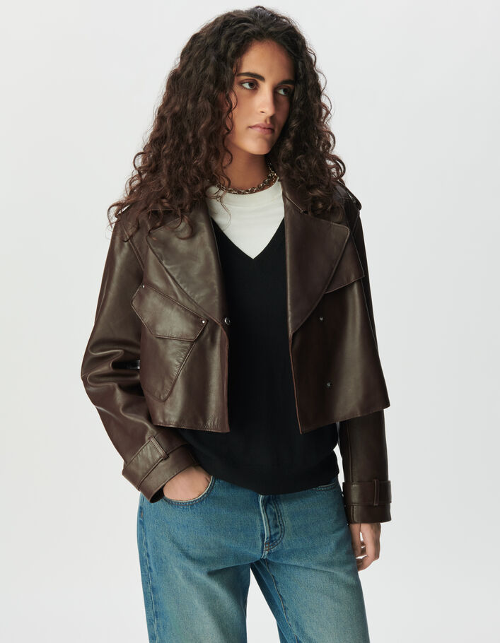 Blouson marron cuir forme trench court Femme