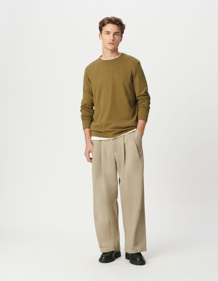 Pull kaki coton bio tricot fin flamm&eacute; Homme