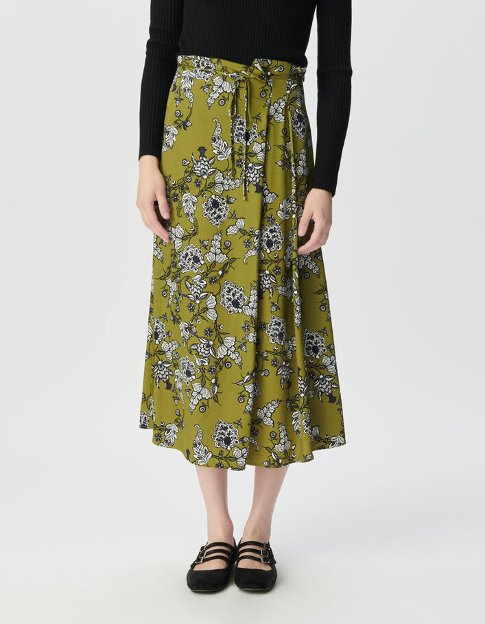 Jupe midi verte imprim&eacute; floral Femme