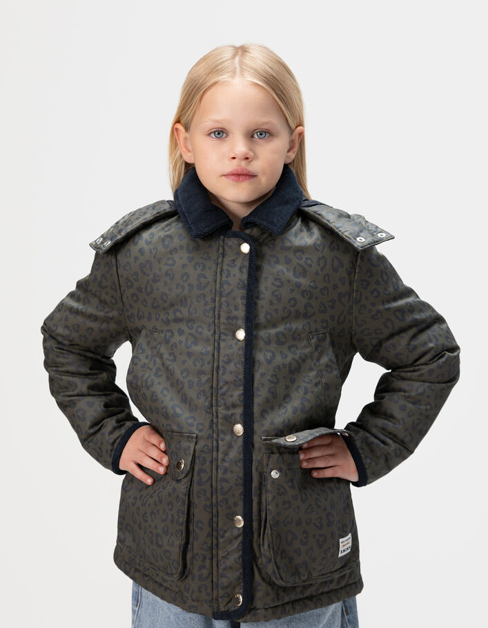 Blouson kaki enduit motif l&eacute;opard-coeurs fille