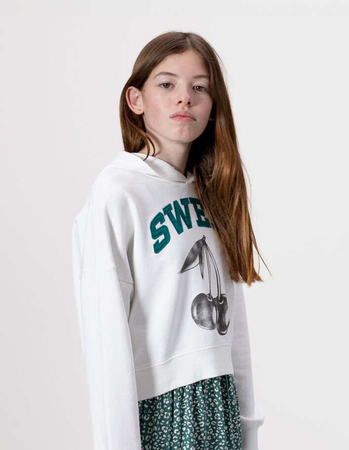 Sweat &agrave; capuche blanc message brod&eacute; fille