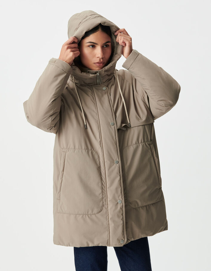 Doudoune beige capuche fourr&eacute;e Femme