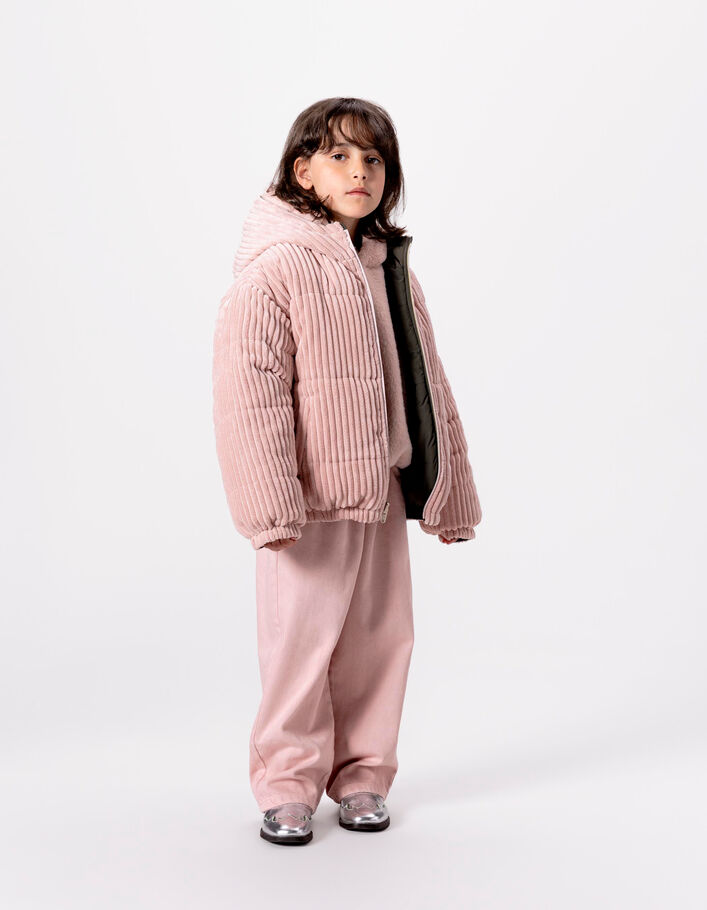 Doudoune r&eacute;versible kaki et rose velours c&ocirc;tel&eacute; fille