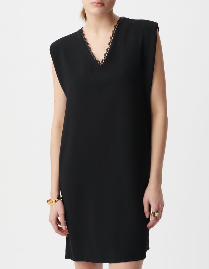 Robe noire d&eacute;cor dentelle col V devant dos Femme