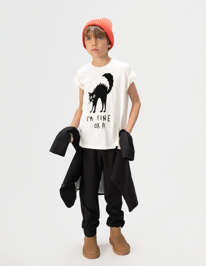 T-shirt blanc visuel chat flocage velours gar&ccedil;on