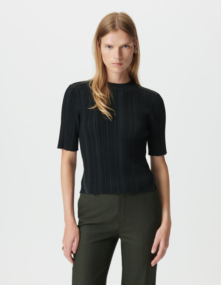 Pull moulant noir tricot effet rayures Femme