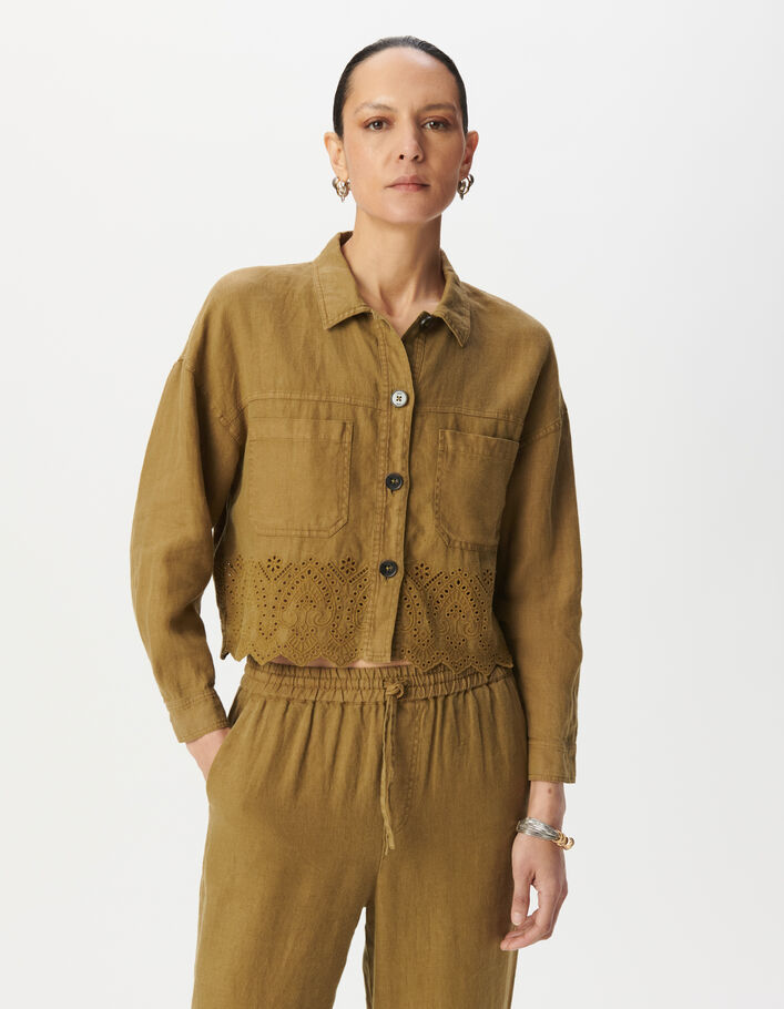 Chemise courte lin kaki brod&eacute; Femme