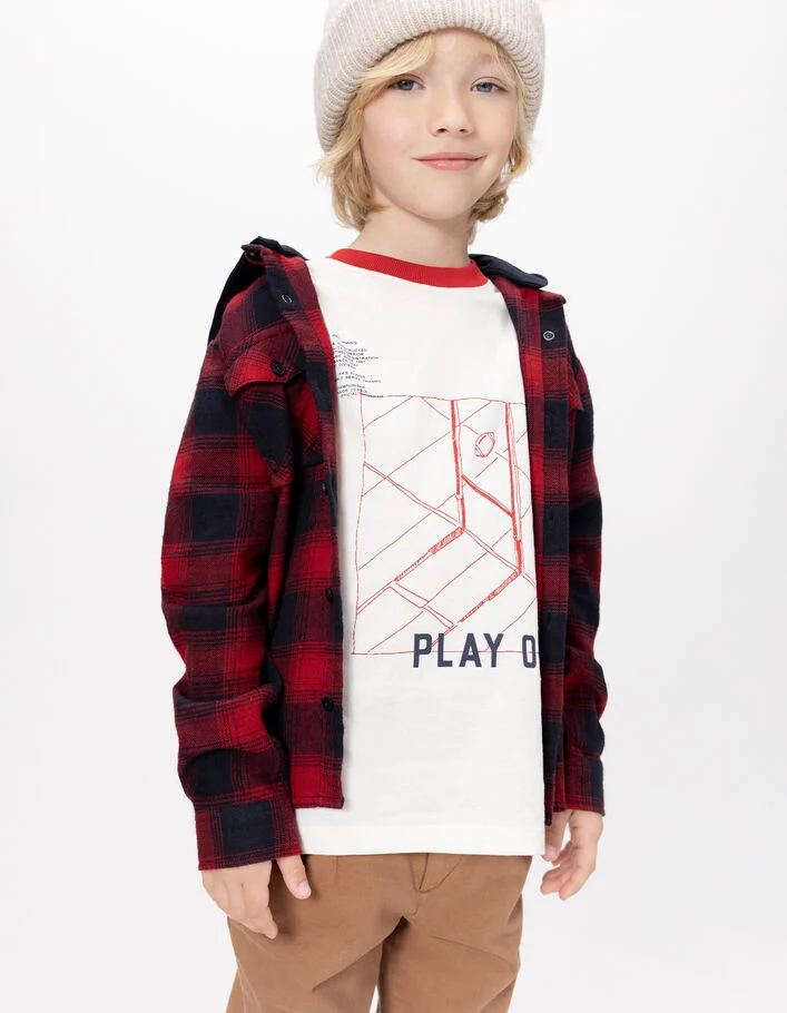Surchemise carreaux rouge marine capuche amovible gar&ccedil;on