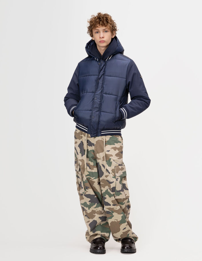 Doudoune marine bi-mati&egrave;re &agrave; capuche gar&ccedil;on