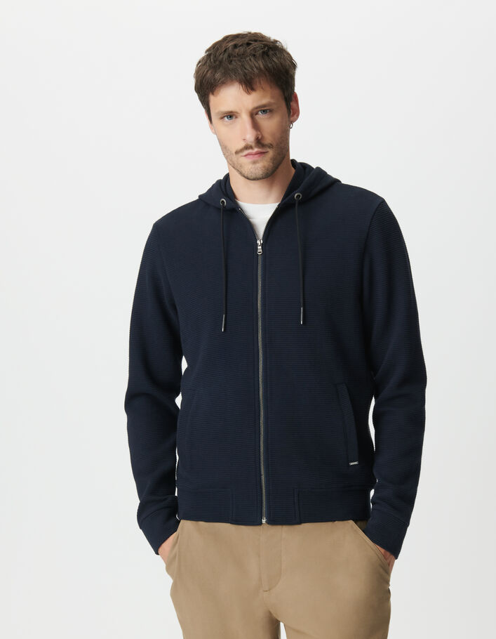 Cardigan marine coton bio maille Ottoman &agrave; capuche Homme