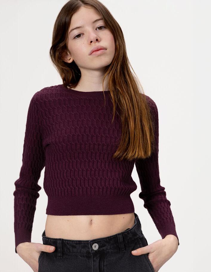 Pull bordeaux tricot torsades fantaisie fille