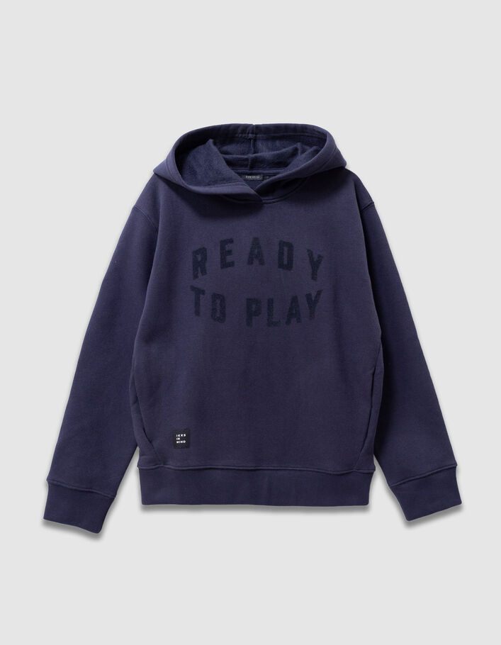 Sweat &agrave; capuche marine message floqu&eacute; velours gar&ccedil;on