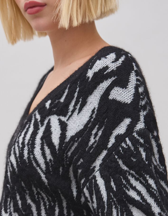 Pull noir tricot jacquard motif z&egrave;bre Femme