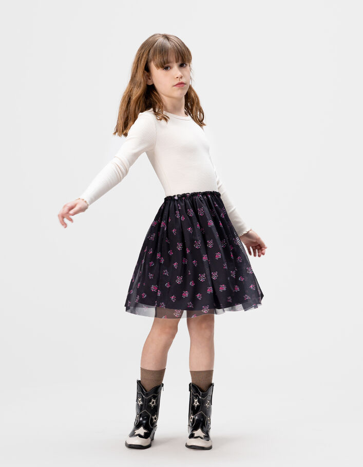 Robe bi-mati&egrave;re &eacute;crue et tulle bouquets fille