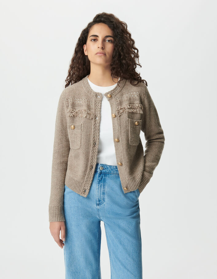 Cardigan beige tricot d&eacute;tails franges boutons dor&eacute;s Femme