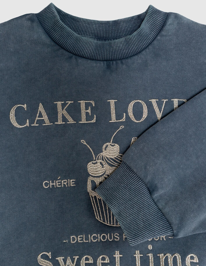 Sweat bleu coton bio maxi broderies dor&eacute;es fille