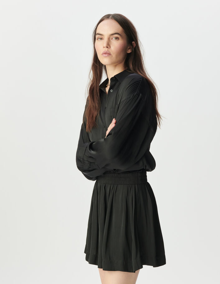 Robe chemise noire satin&eacute;e effet trompe-l'oeil Femme