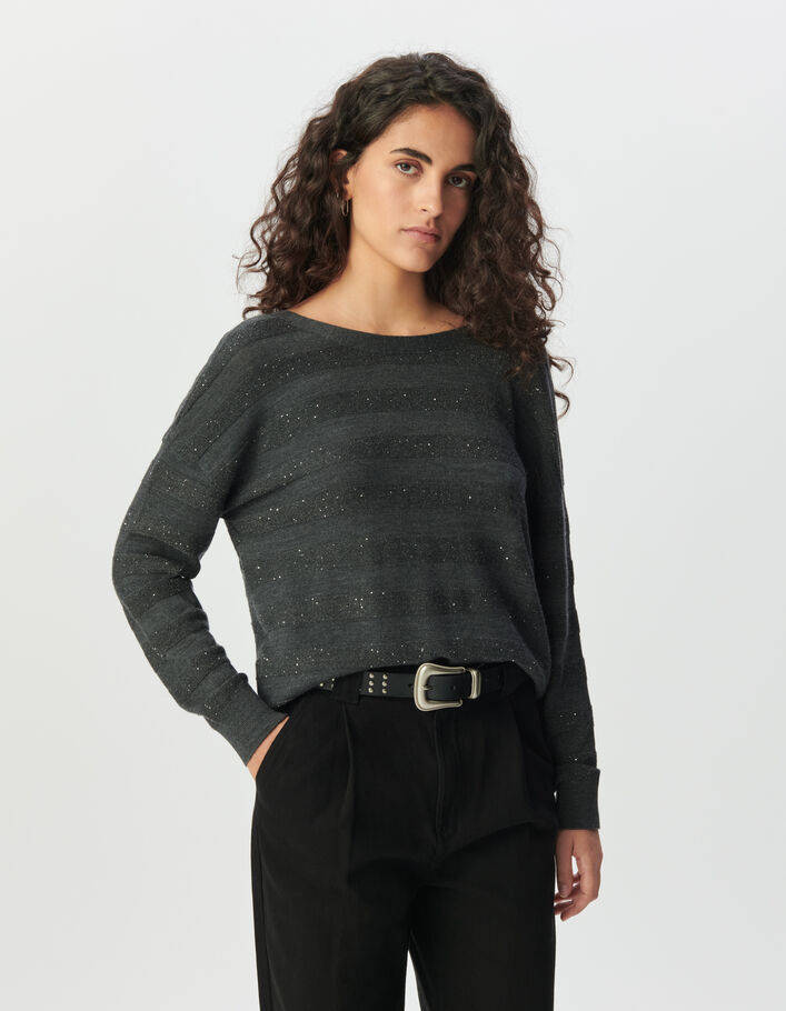 Cardigan gris tricot rayures brod&eacute;es sequins Femme