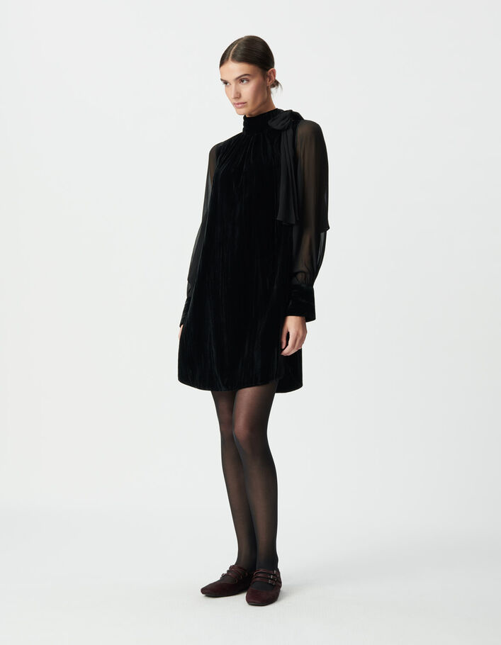 Robe bi-mati&egrave;re noire velours froiss&eacute; et voile Femme