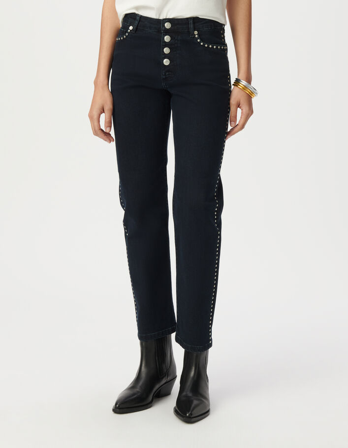 Jean droit marine cropped d&eacute;cor clous Femme