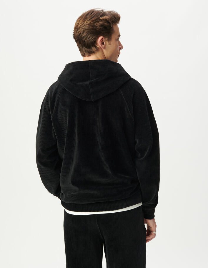 Sweat noir velours c&ocirc;tel&eacute; col montant capuche Homme