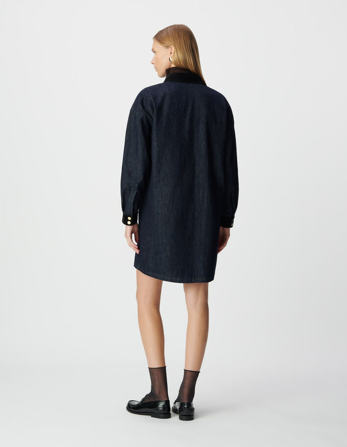 Robe chemise en jean bleu col et poignets velours Femme