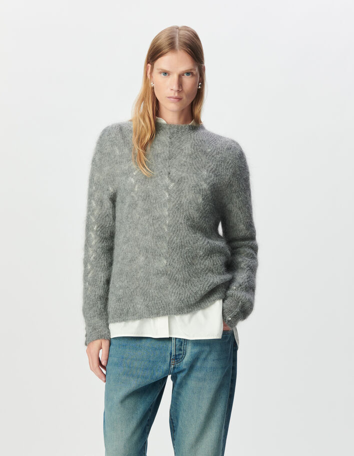 Pull gris tricot mohair m&eacute;lang&eacute; torsades fantaisie Femme