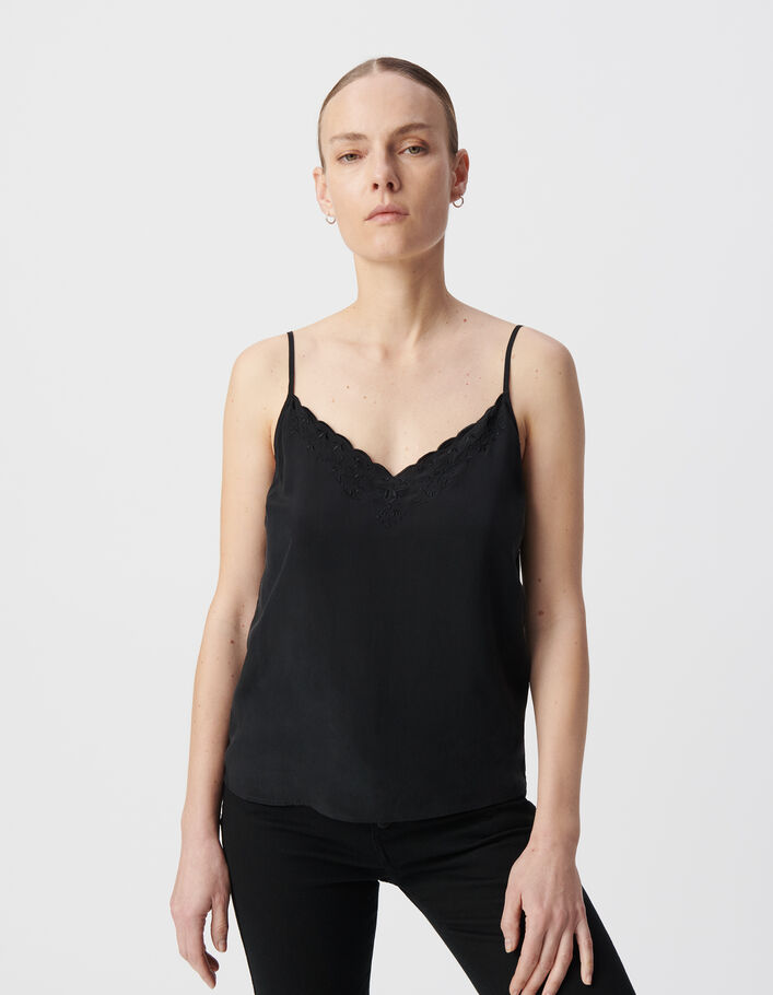 Top fines bretelles noir broderies esprit lingerie Femme