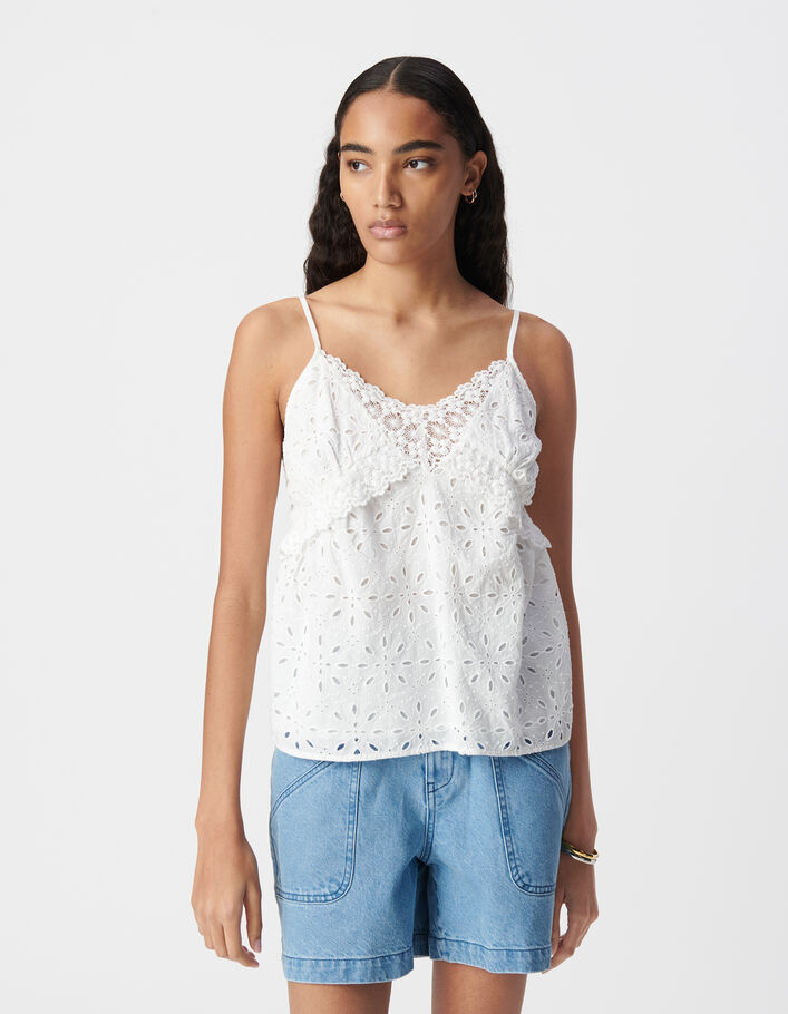 Top caraco fines bretelles blanc broderie anglaise Femme