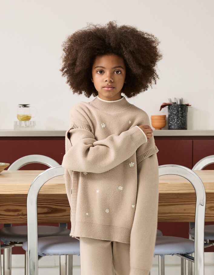 Pull beige tricot brod&eacute; manches amovibles fille