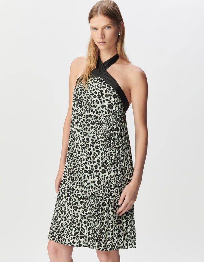 Robe dos-nu pliss&eacute;e grise polyester recycl&eacute; panth&egrave;re Femme