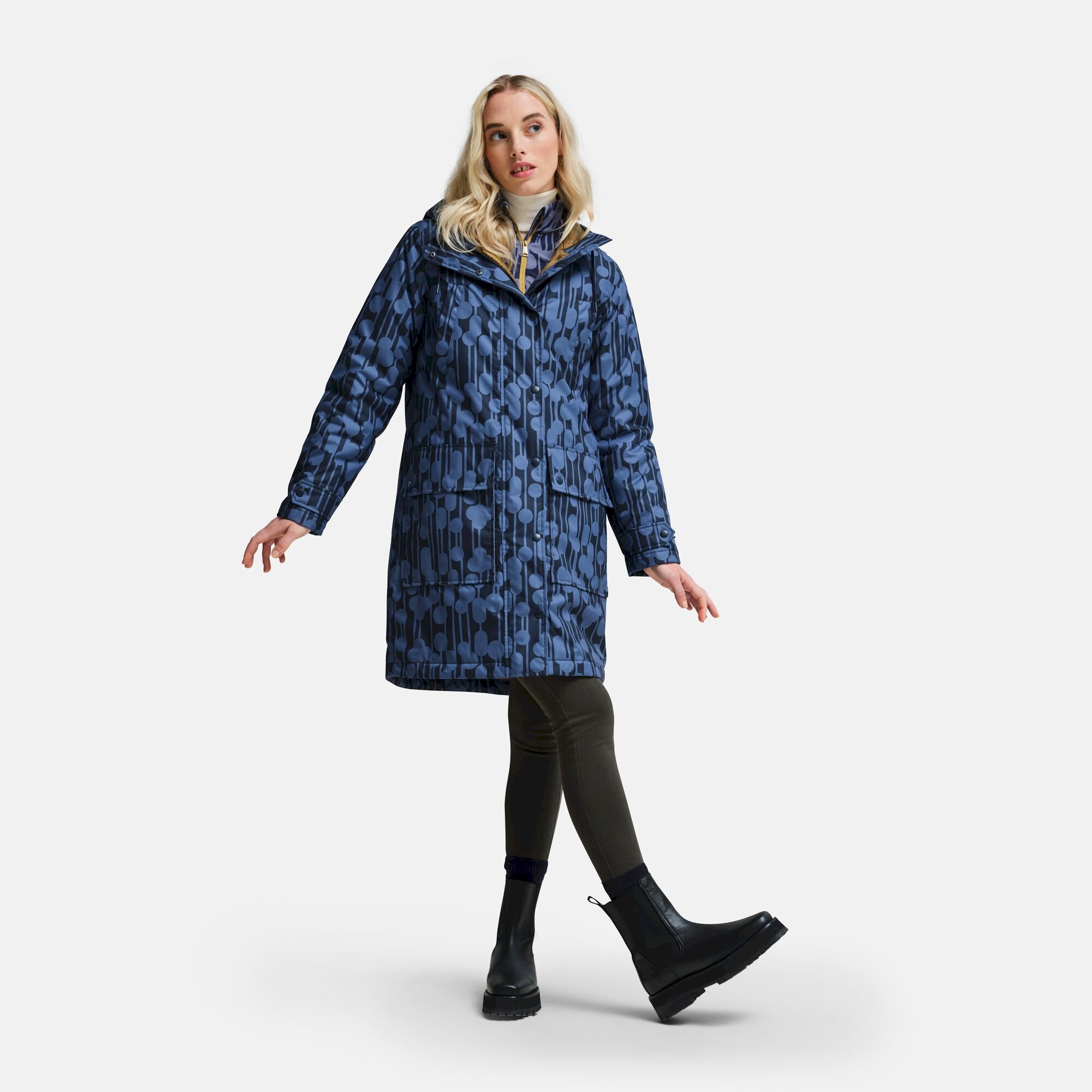 Orla Kiely Waterproof Longline Parka | Reflected Trees Navy