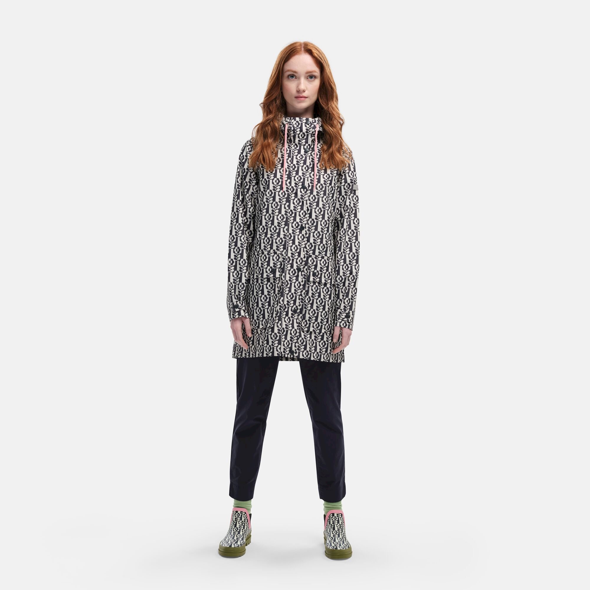 Orla Kiely Long Line Waterproof Fashion Jacket | Stem in Vase Black