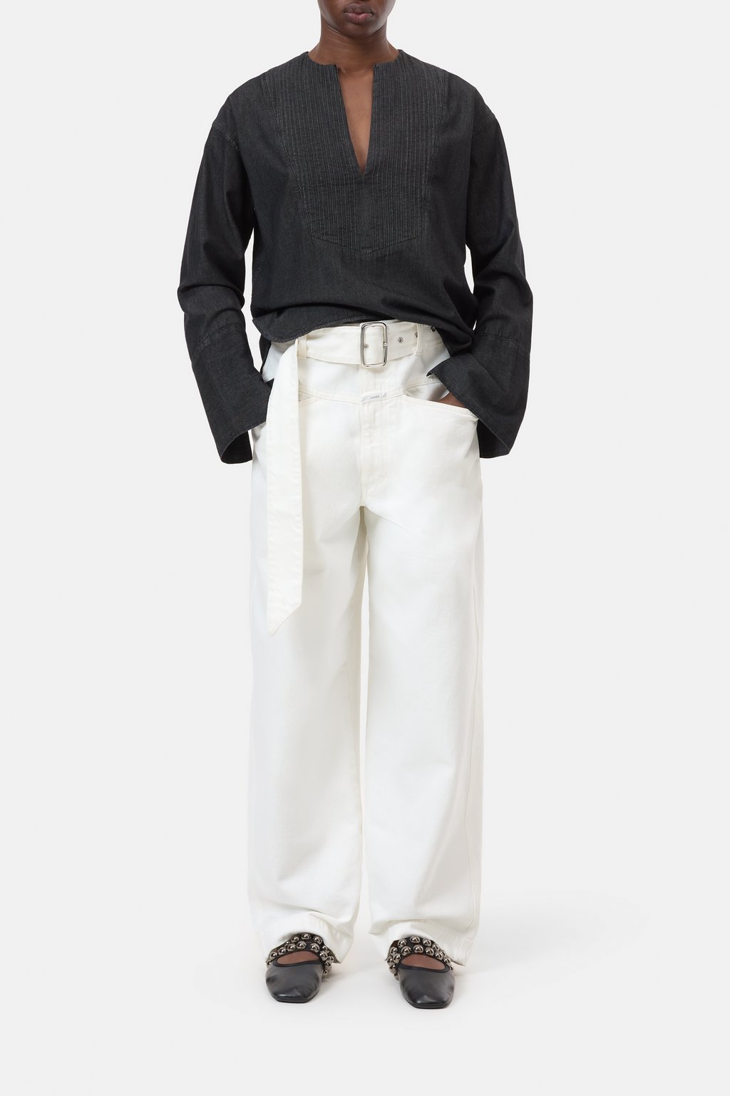 Denim-Bluse mit Biesen