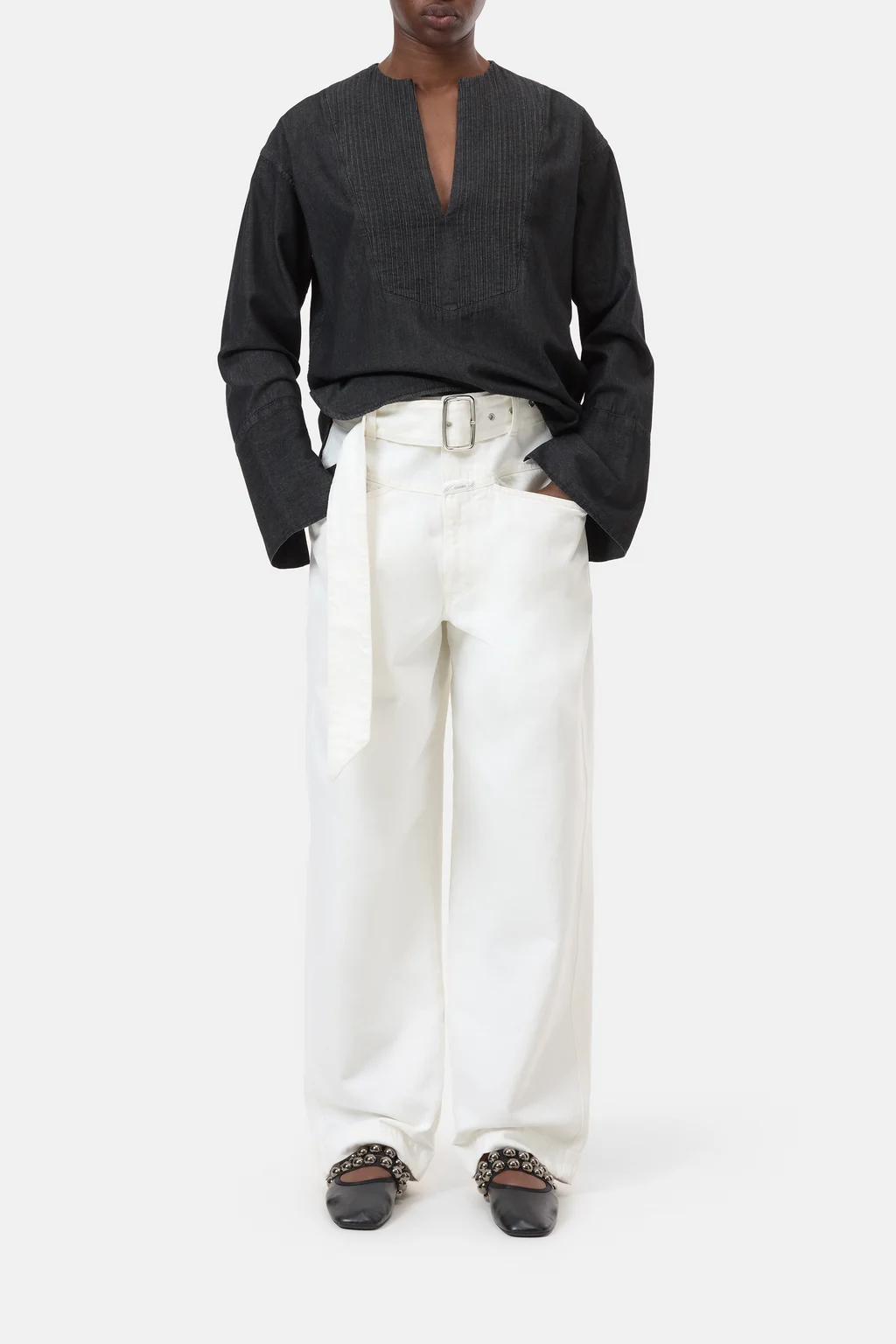 Denim-Bluse mit Biesen