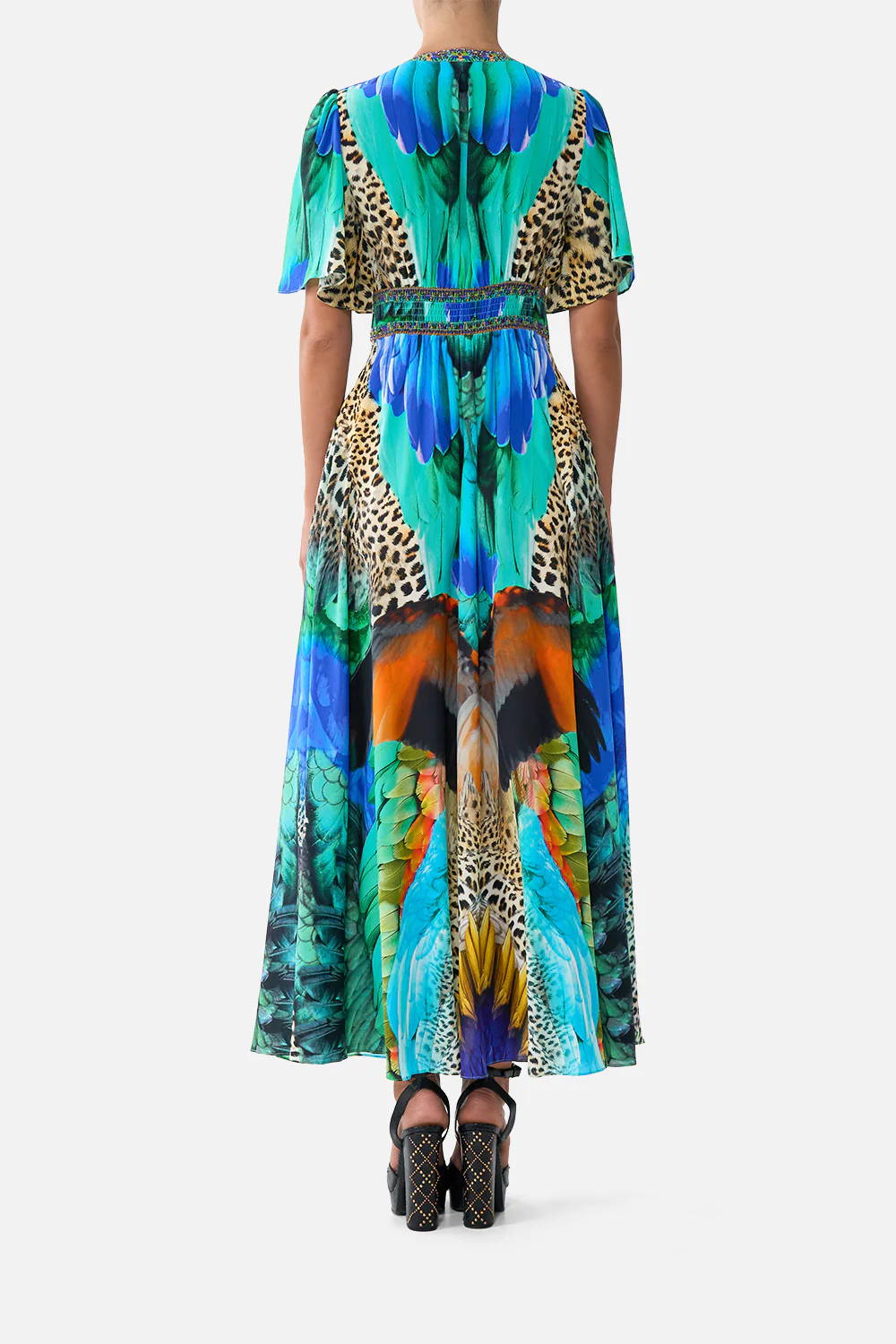 SHAPED WAISTBAND DRESS WITH FLUTTER SLEEVES JUNGLE FLIGHT