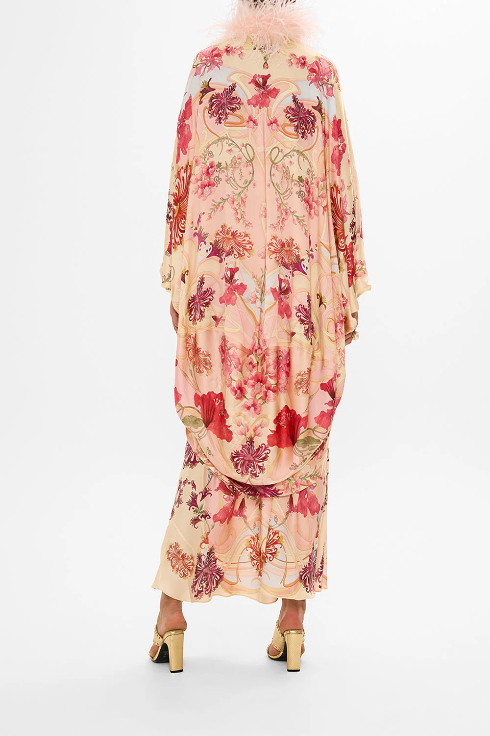 DRAPED BACK LAYER WITH FEATHER COLLAR BLOSSOMS AND BRUSHSTROKES
