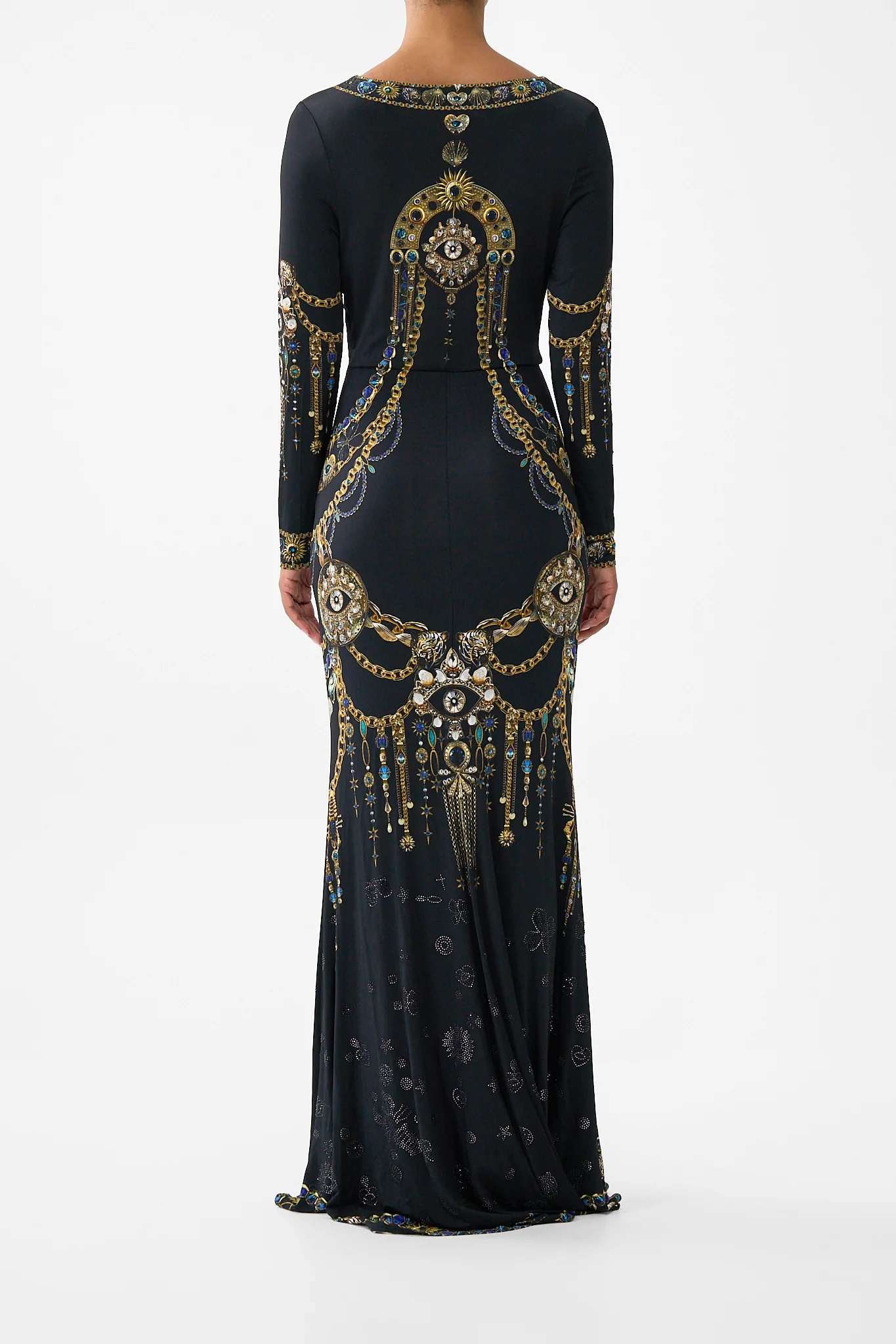 LONG SLEEVE GATHERED DRESS WITH TRAIN AMULETS AND ALCHEMY