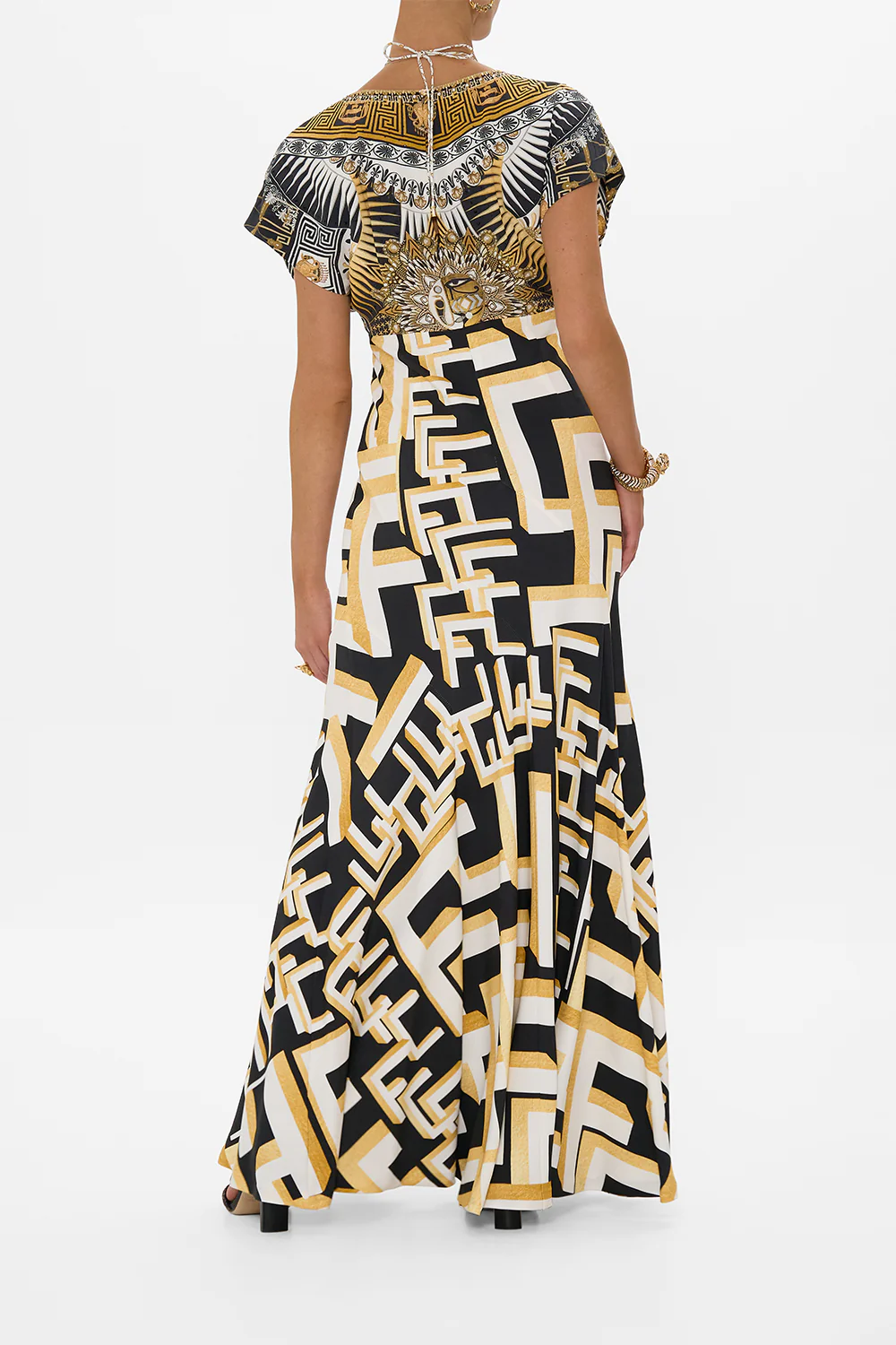 V NECK HARDWARE DRESS WITH NECK TIE TEMPLES OF DENDARA