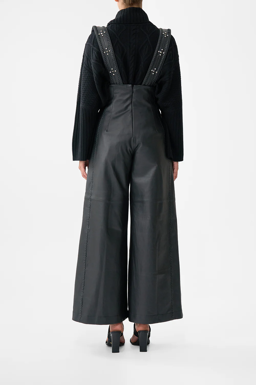 LEATHER PLEATED WIDE LEG JUMPSUIT SOLID BLACK