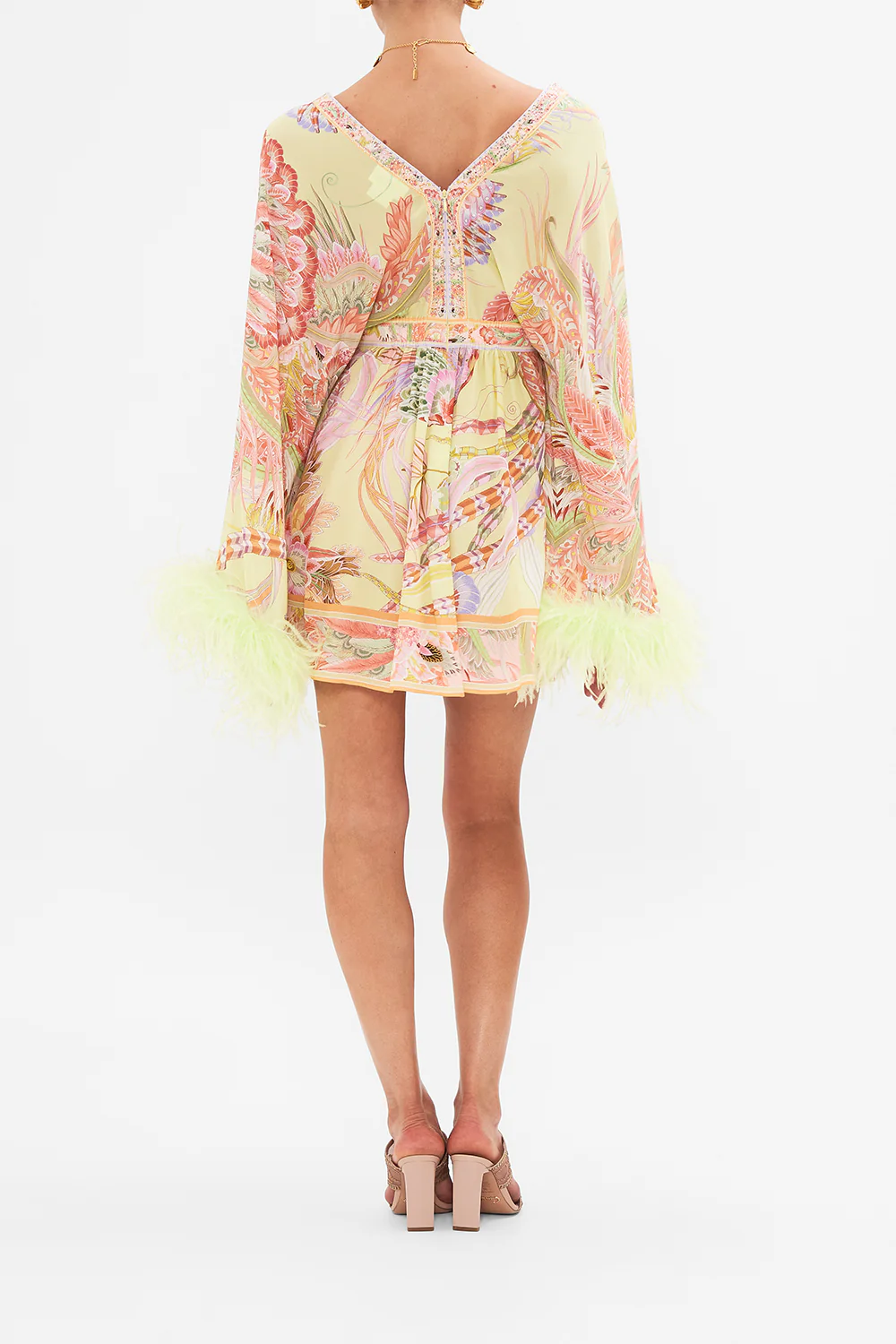 GATHERED KIMONO MINI DRESS WITH FEATHERS COSMIC TUSCAN