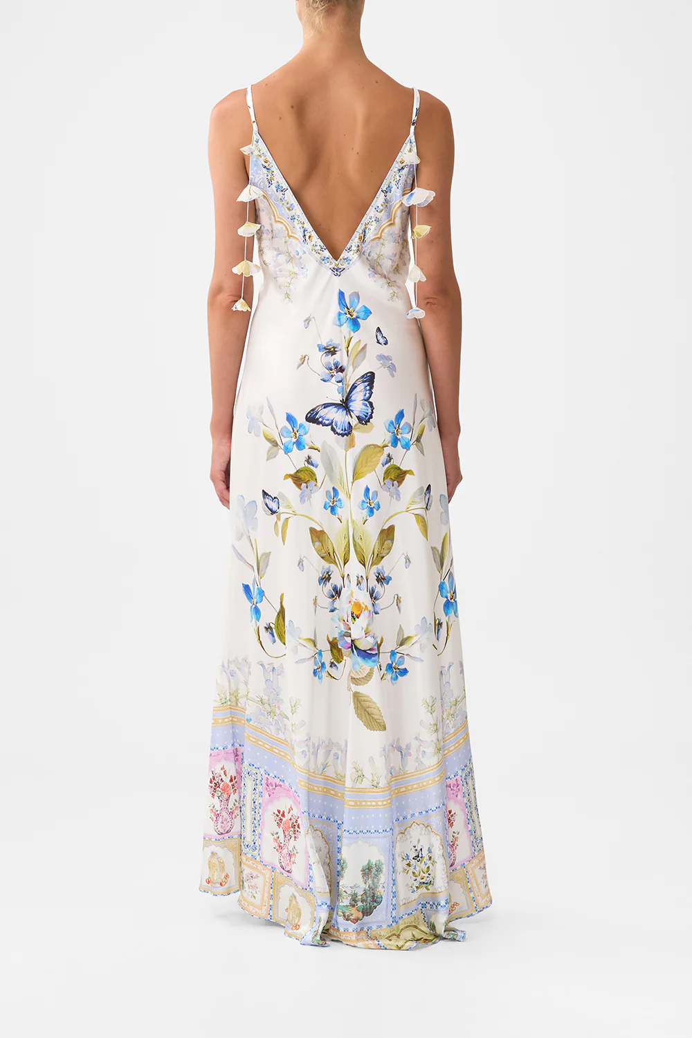 V-NECK LONG BIAS SLIP DRESS WITH TRAIN BOTANICAL BALLADS