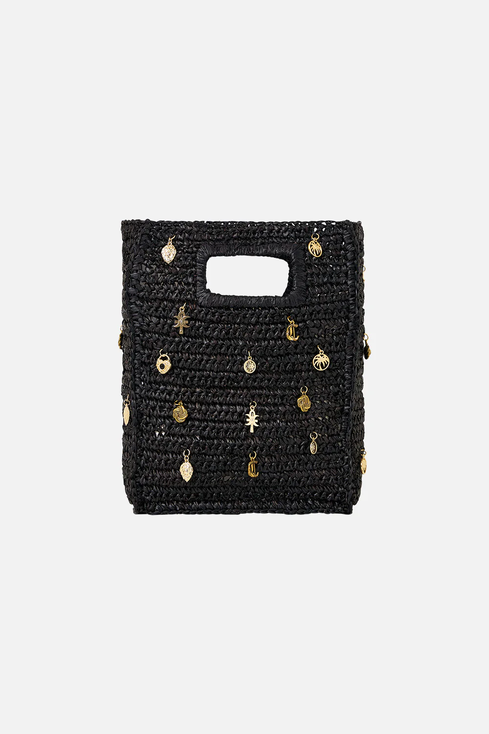 RAFFIA MINI NORTH SOUTH TOTE WITH CHARMS SOLID BLACK