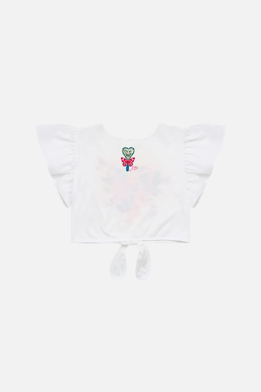 KIDS TIE FRONT CROP TEE WITH FRILL SLEEVE ILLUSTRATION NATION