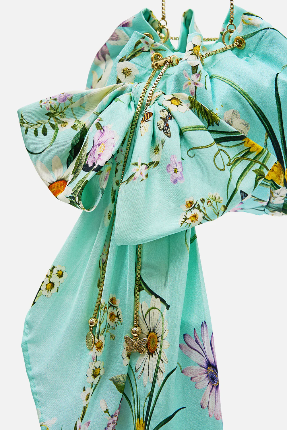 DRAWSTRING POUCH BAG WITH OVERSIZED BOW FLORAL FREEFALL