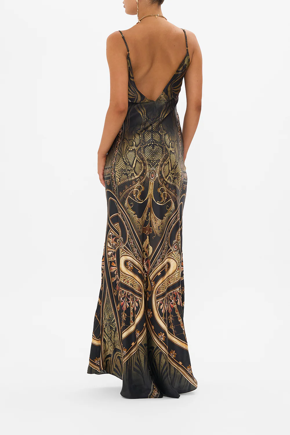V NECK LONG BIAS SLIP DRESS WITH TRAIN NOUVEAU NOIR