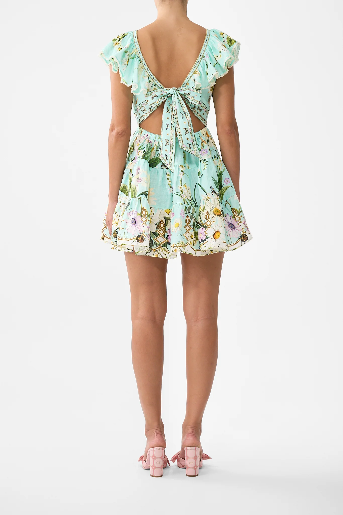 TIERED SHORT DRESS WITH NECK FRILL FLORAL FREEFALL