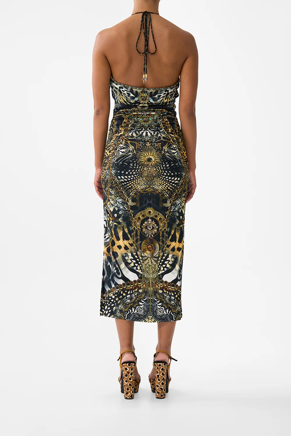 CUT OUT SLEEVELESS JERSEY HALTER NECK DRESS FELINE FOLKLORE